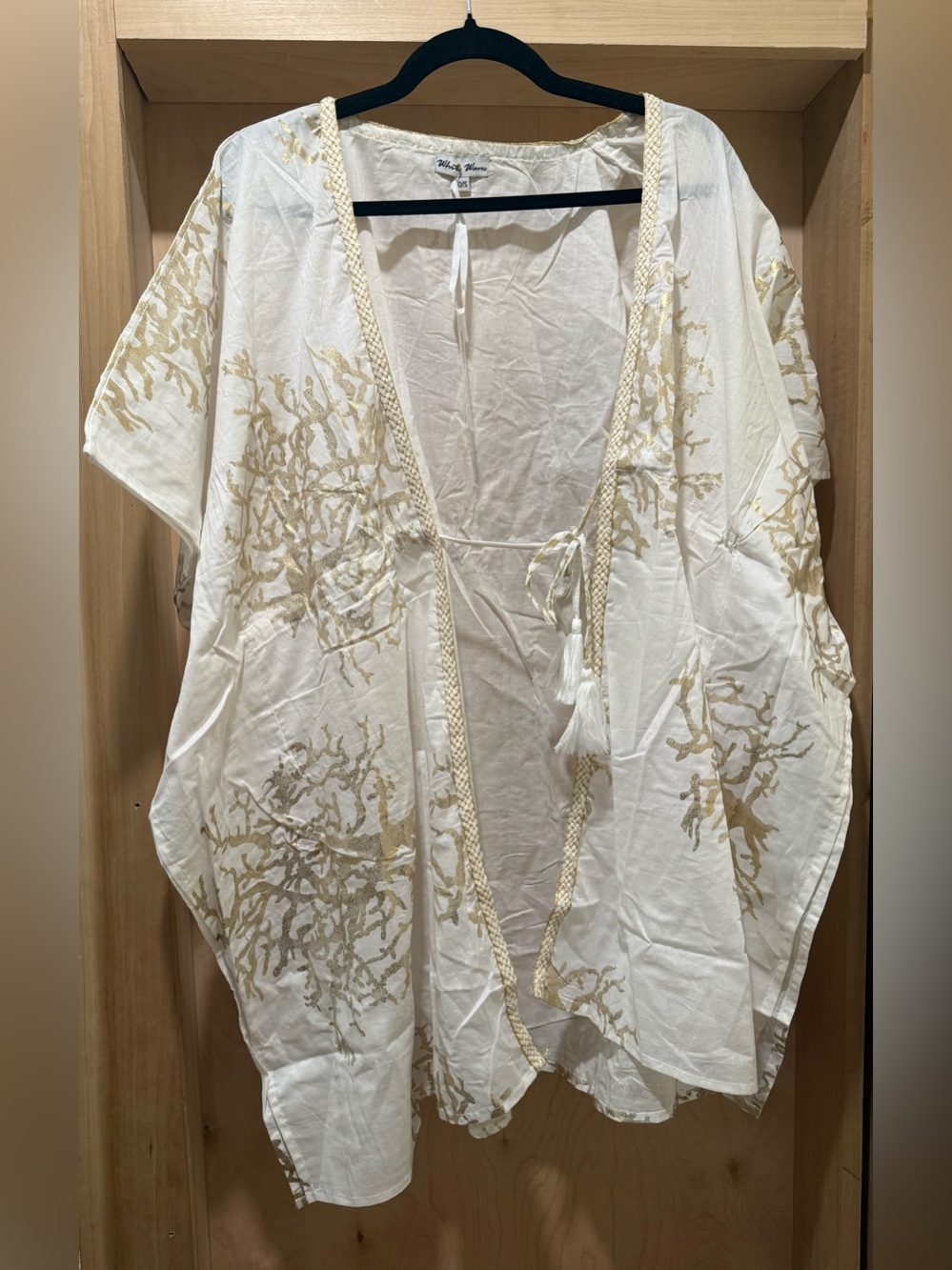 White Waves White Embroidered Kimono Cover-Up with Tassel Tie 100% Cotton NEW